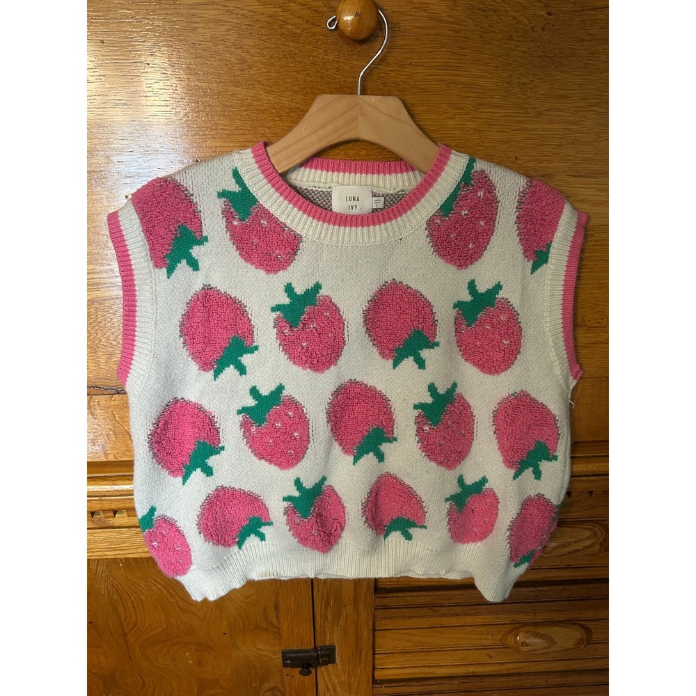 Luna Ivy Coquette Fairy Strawberry Knit Sweater Vest Pink Cream Fruit Pattern